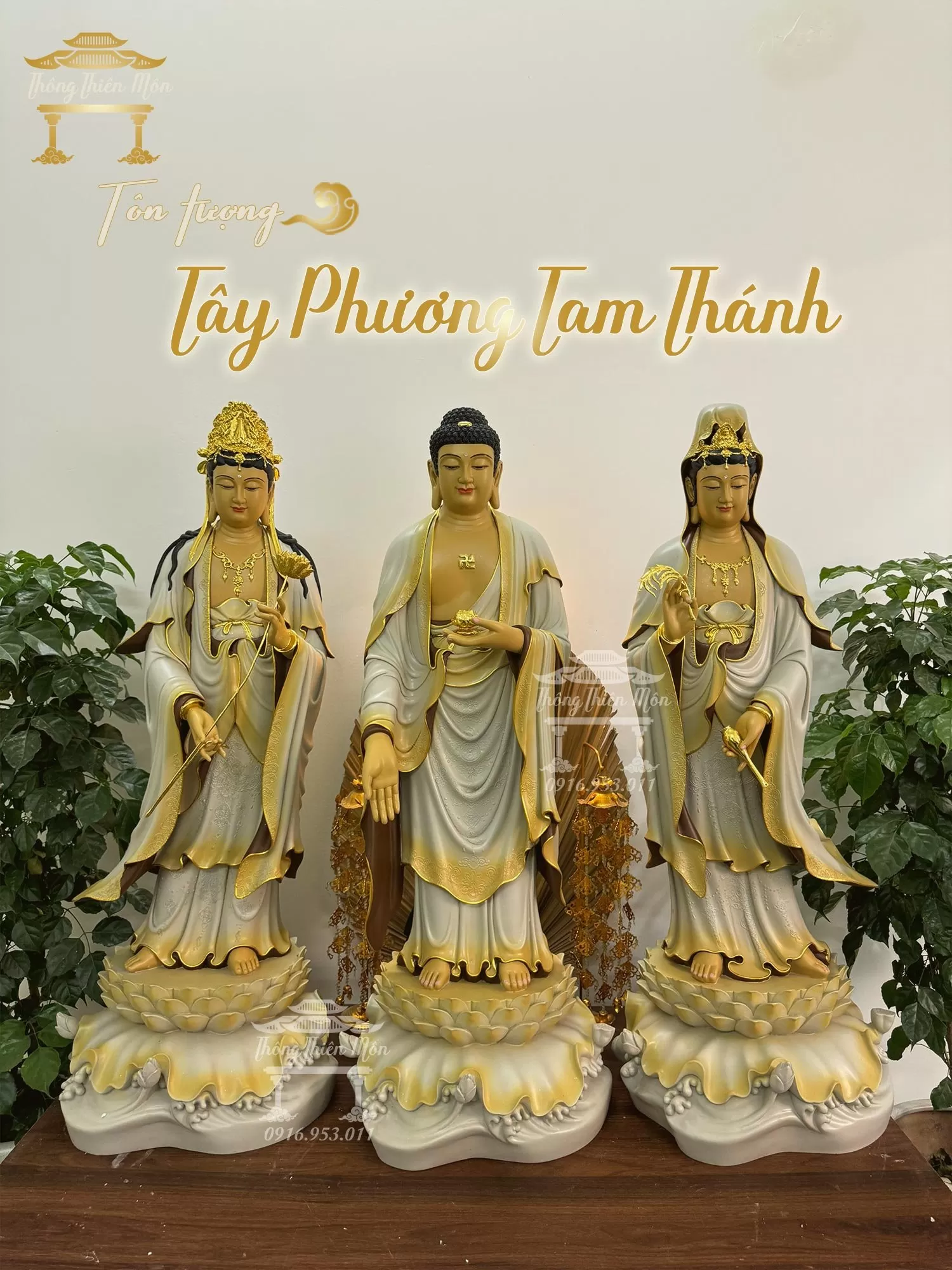 Tôn tượng Tây Phương Tam Thánh - Kích thước 90cm - Màu xám độc quyền - Đường viền mạ vàng
