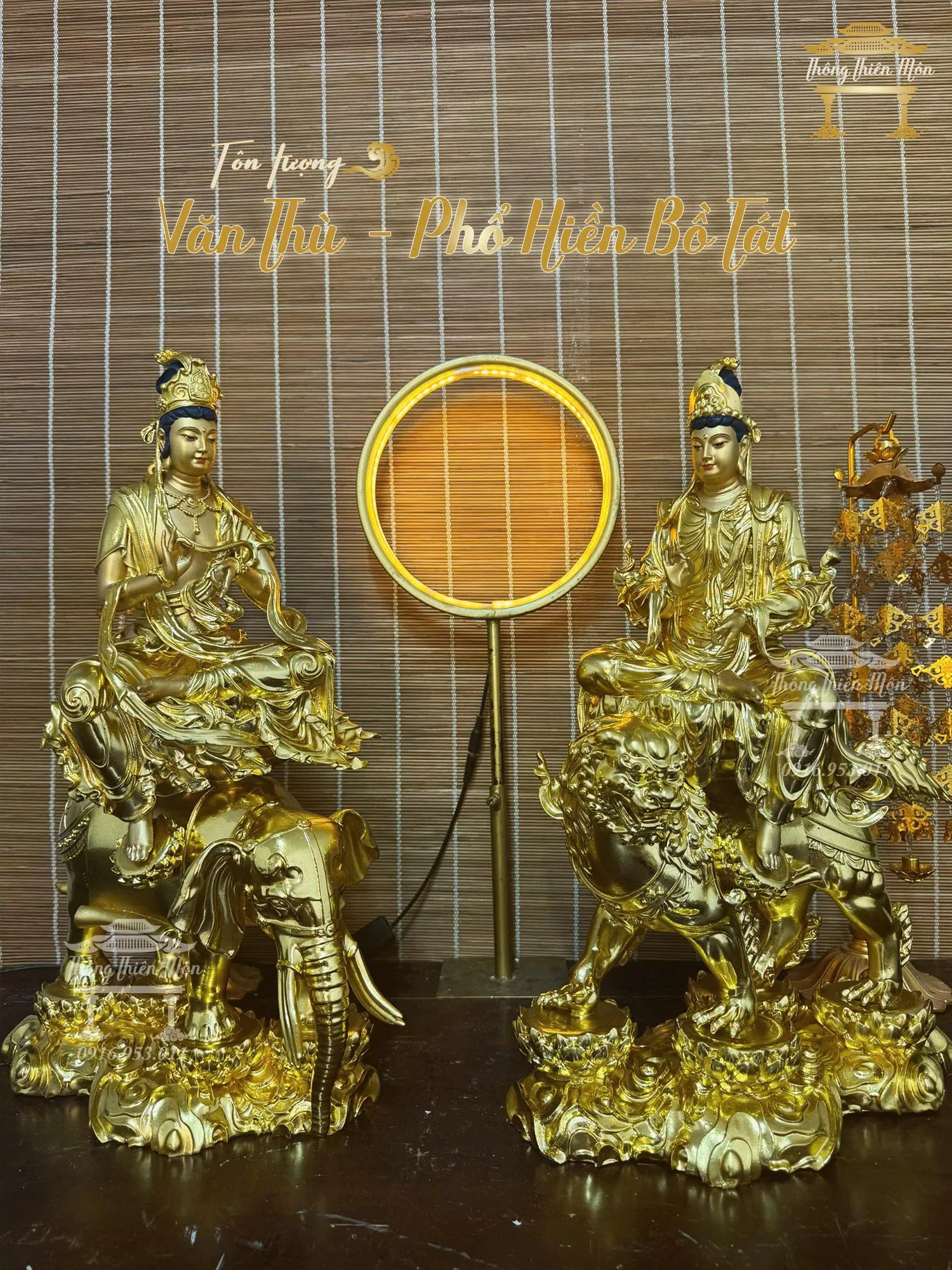 Tượng Văn Thù - Phổ Hiền Bồ Tát, Kích thước 50cm, Mạ vàng sơn da giả đồng
