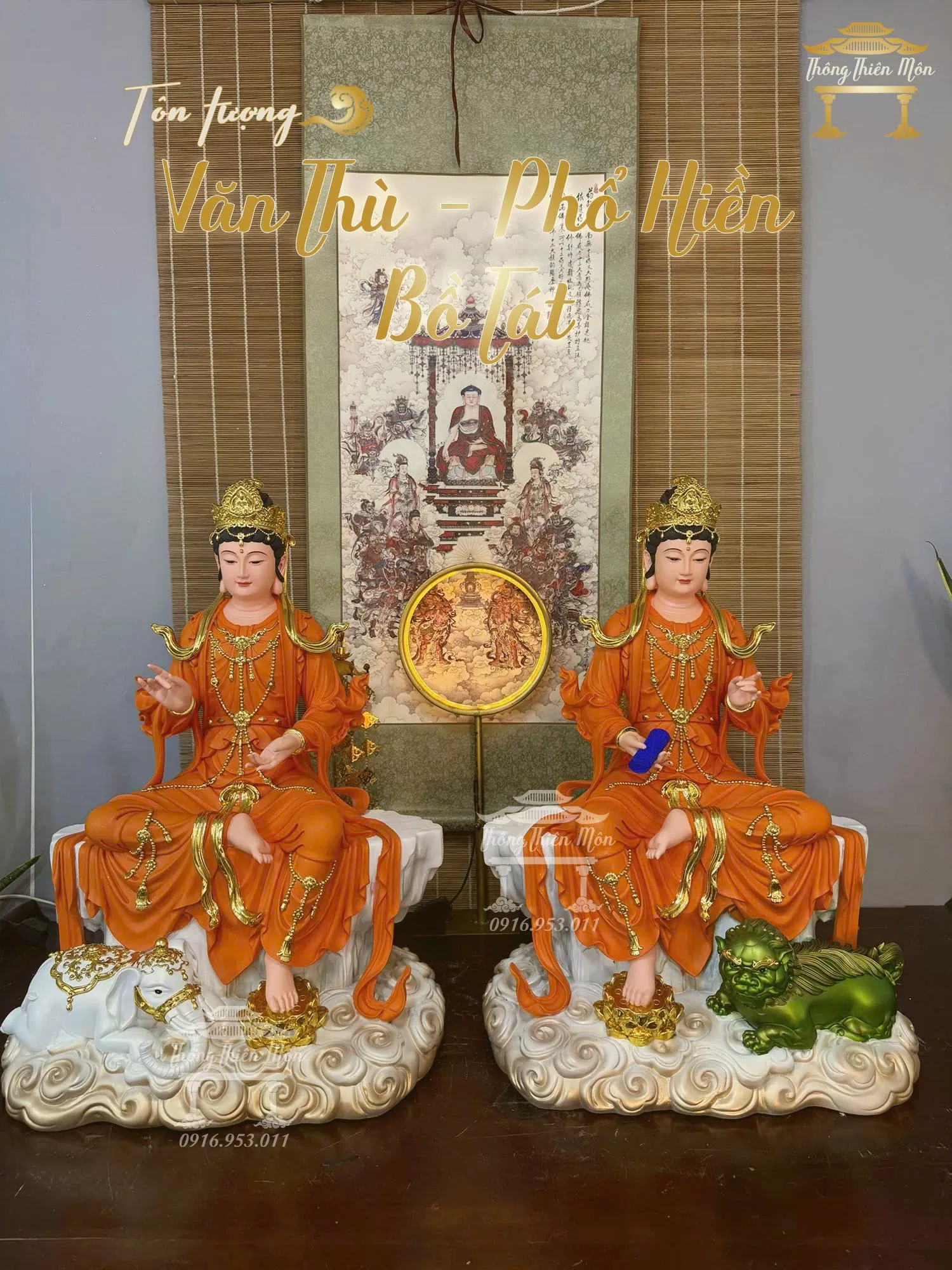 Tôn tượng Văn Thù - Phổ Hiền Bồ Tát, Kích thước 68cm, Màu cam