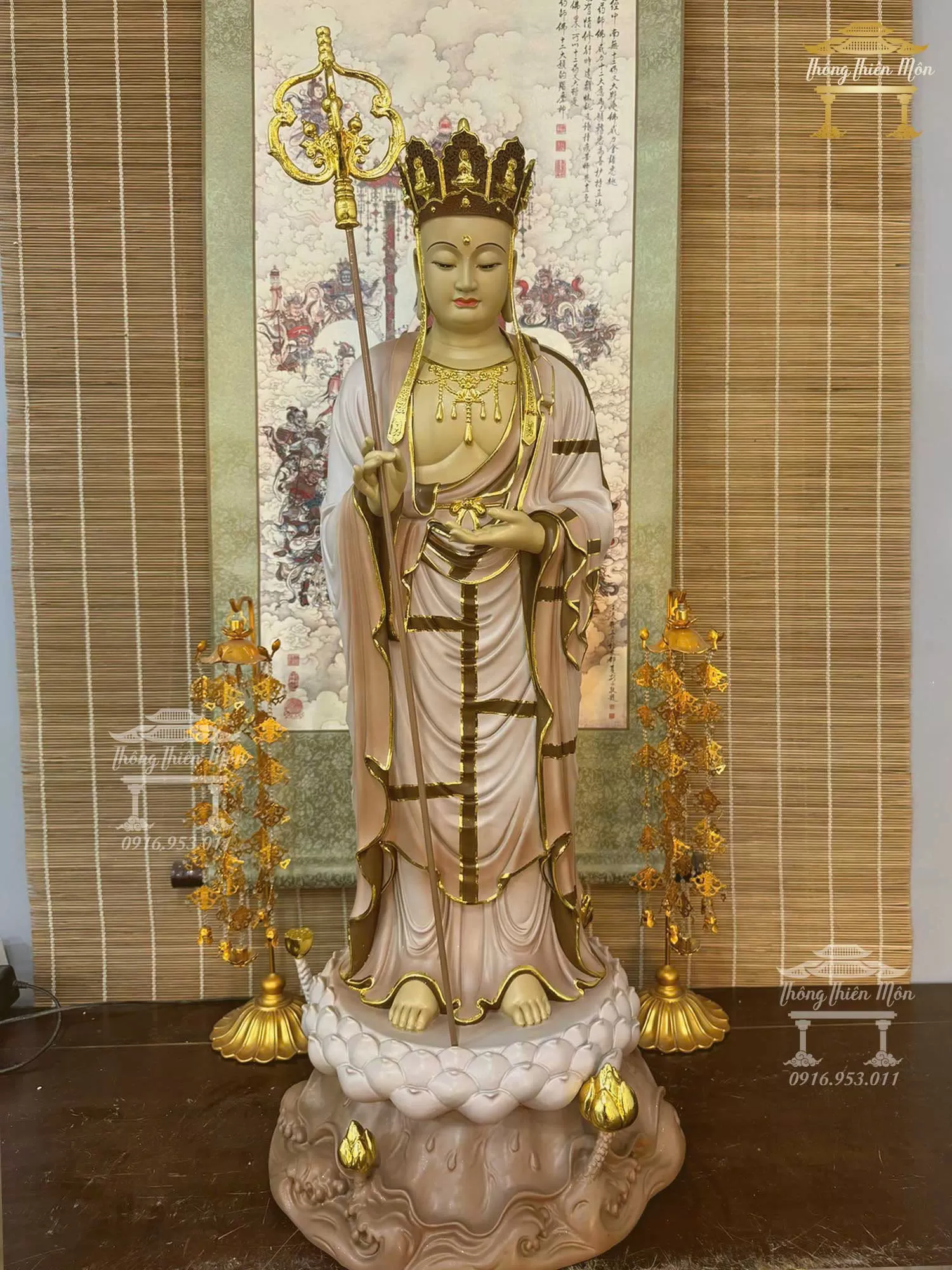 Tôn Tượng Địa Tạng Vương Bồ Tát, Kích thước 90cm, Màu khoáng nâu