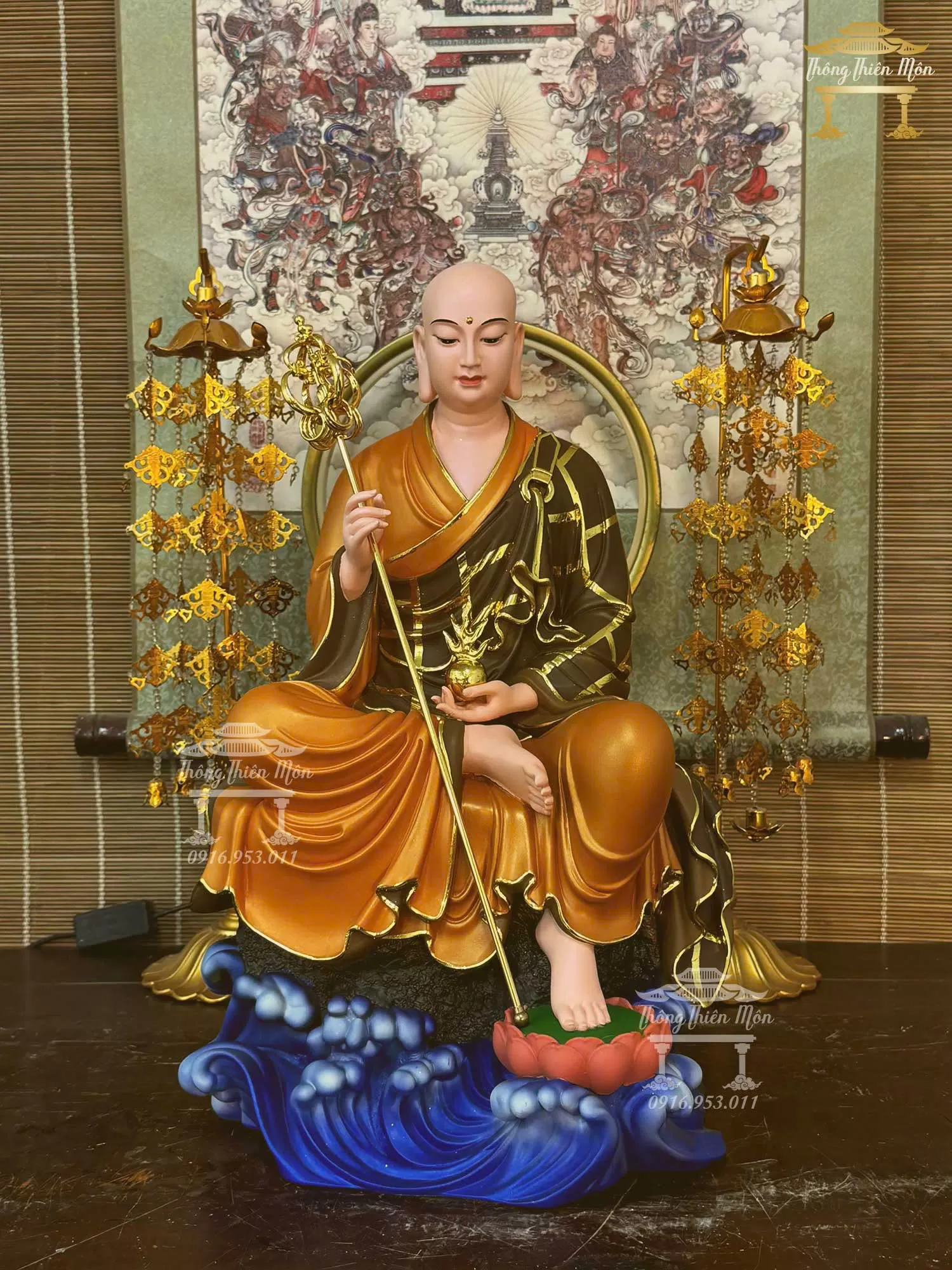 Tôn tượng Địa Tạng Tự Tại Bồ Tát, Kích thước 45cm, Phối nâu
