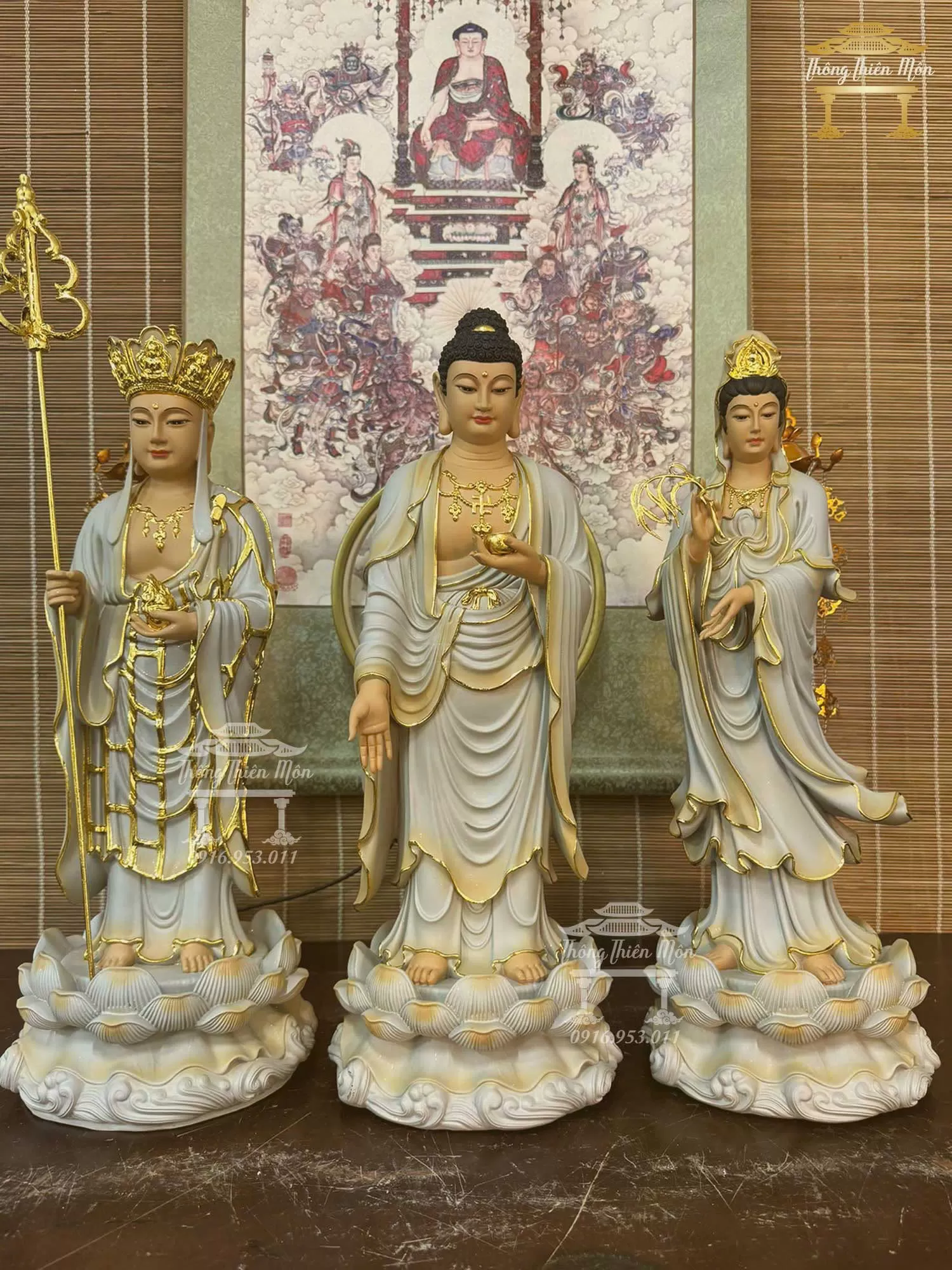 Tôn tượng Ta Bà Tam Thánh, Kích thước 50cm, Màu xám tà vàng