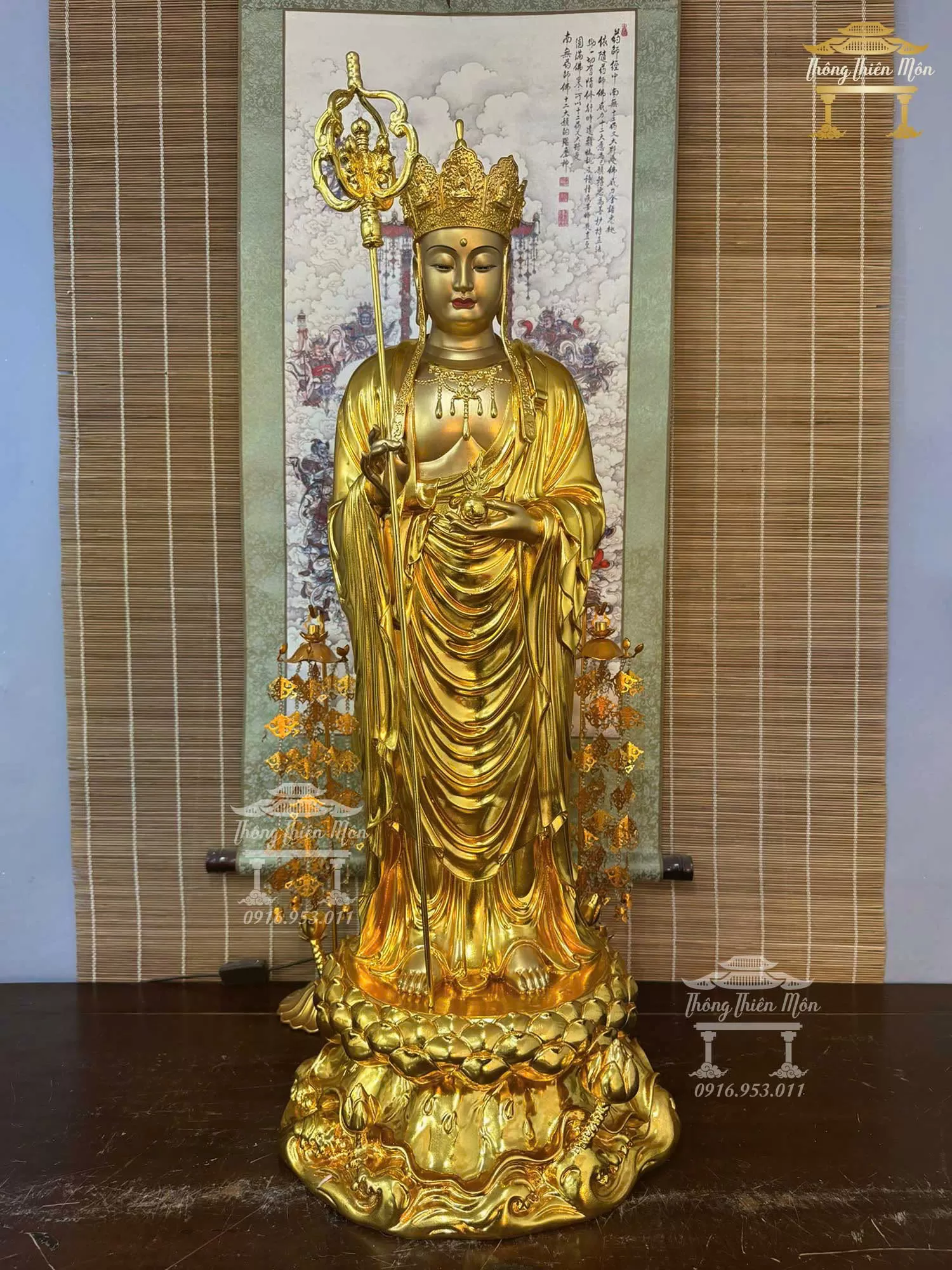 Tôn tượng Địa Tạng, Kích thước 90cm, mạ vàng, da đồng