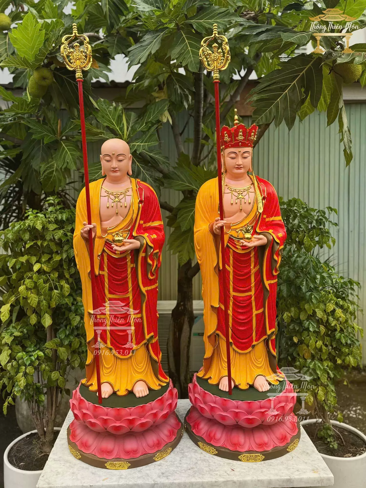 Tượng Địa Tạng Vương Bồ Tát, Kích thước 120cm, Y phước điền đỏ + vàng