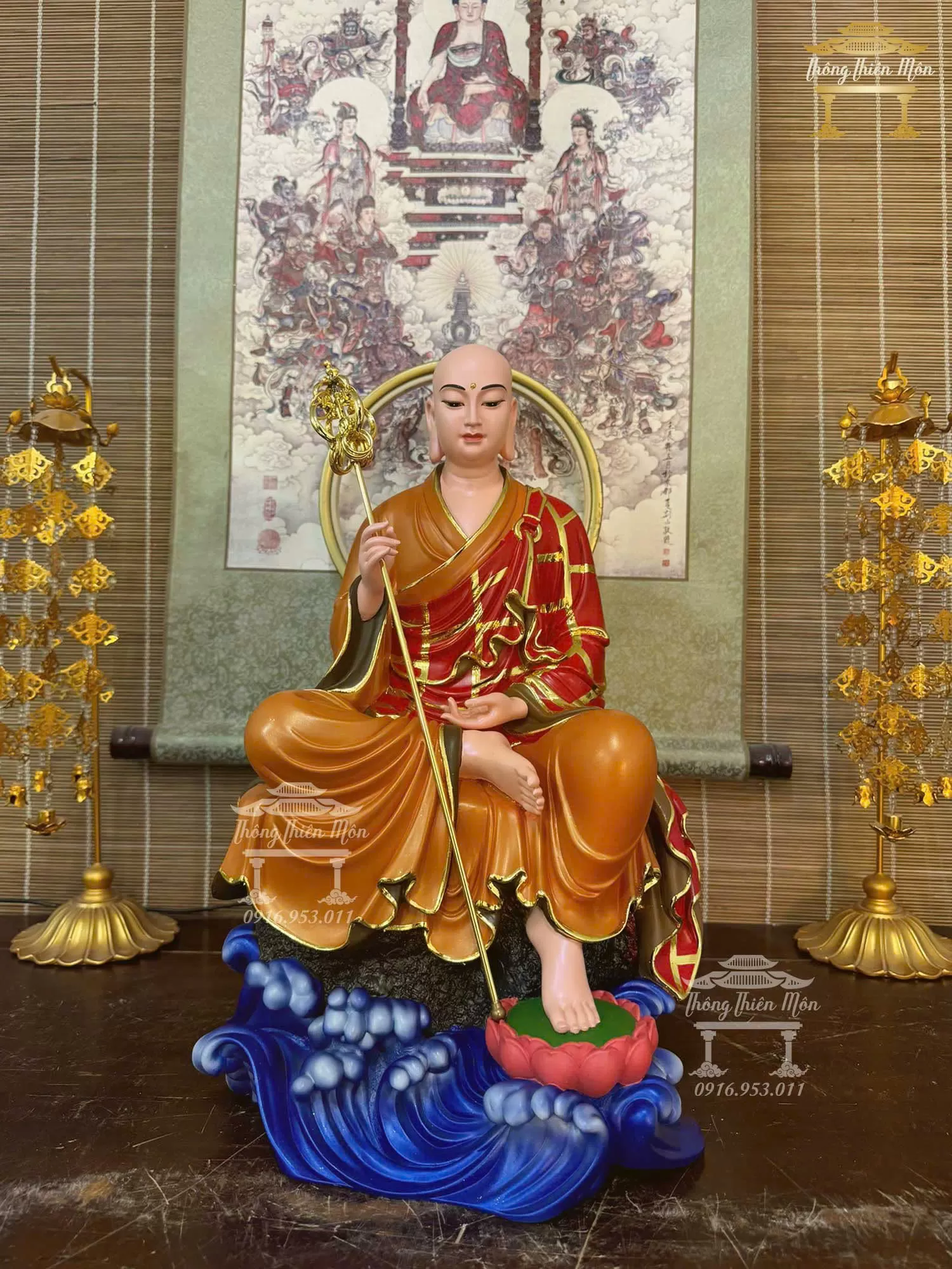Tôn tượng Địa Tạng Tự Tại Bồ Tát, Kích thước 45cm, Màu cam đỏ