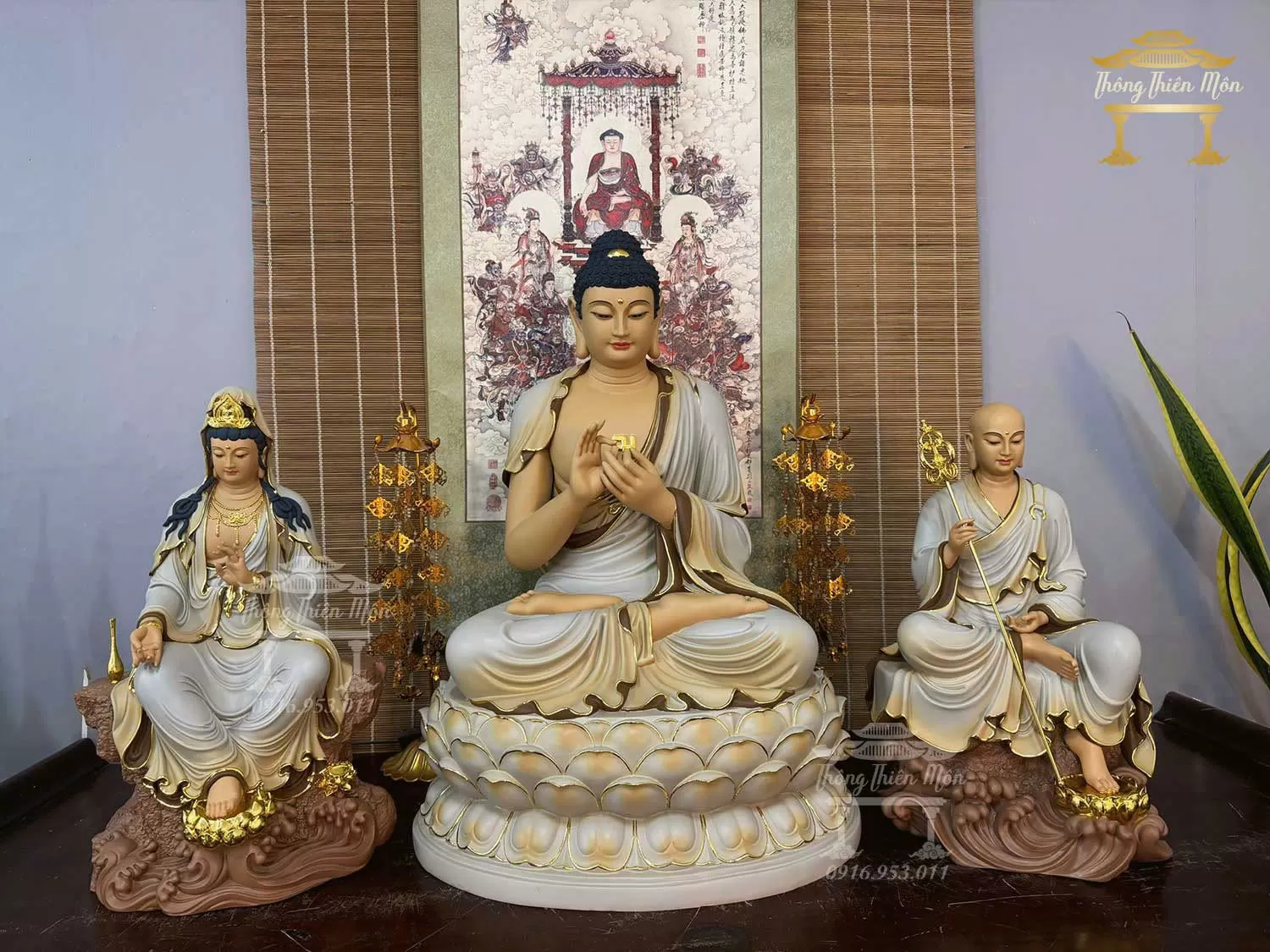 Tôn tượng Ta Bà Tam Thánh, Kích thước 45 - 70 - 45cm, Xám tà vàng