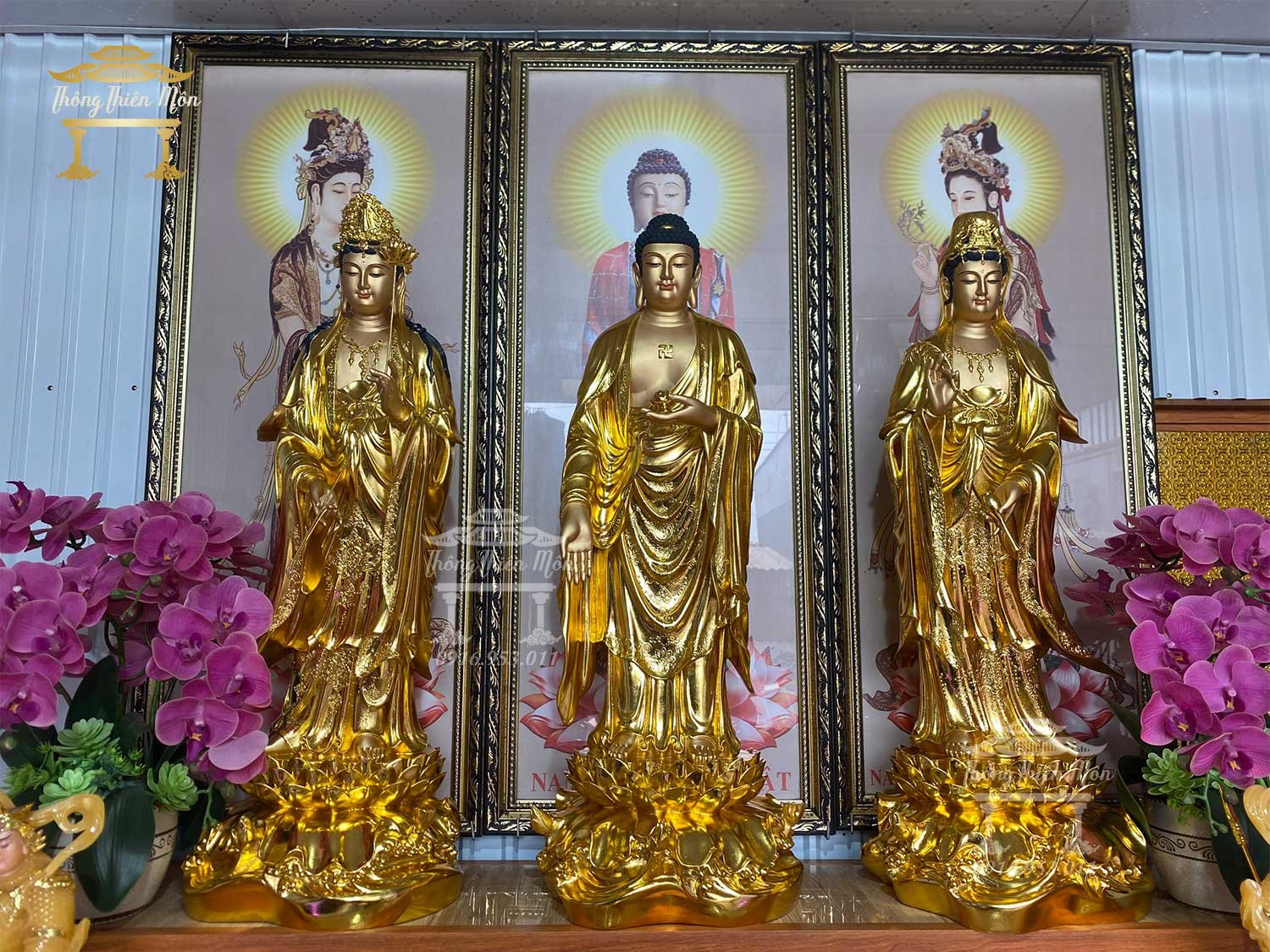 Tôn tượng Tây Phương Tam Thánh, Kích thước 90cm, Mạ vàng - sơn da giả đồng