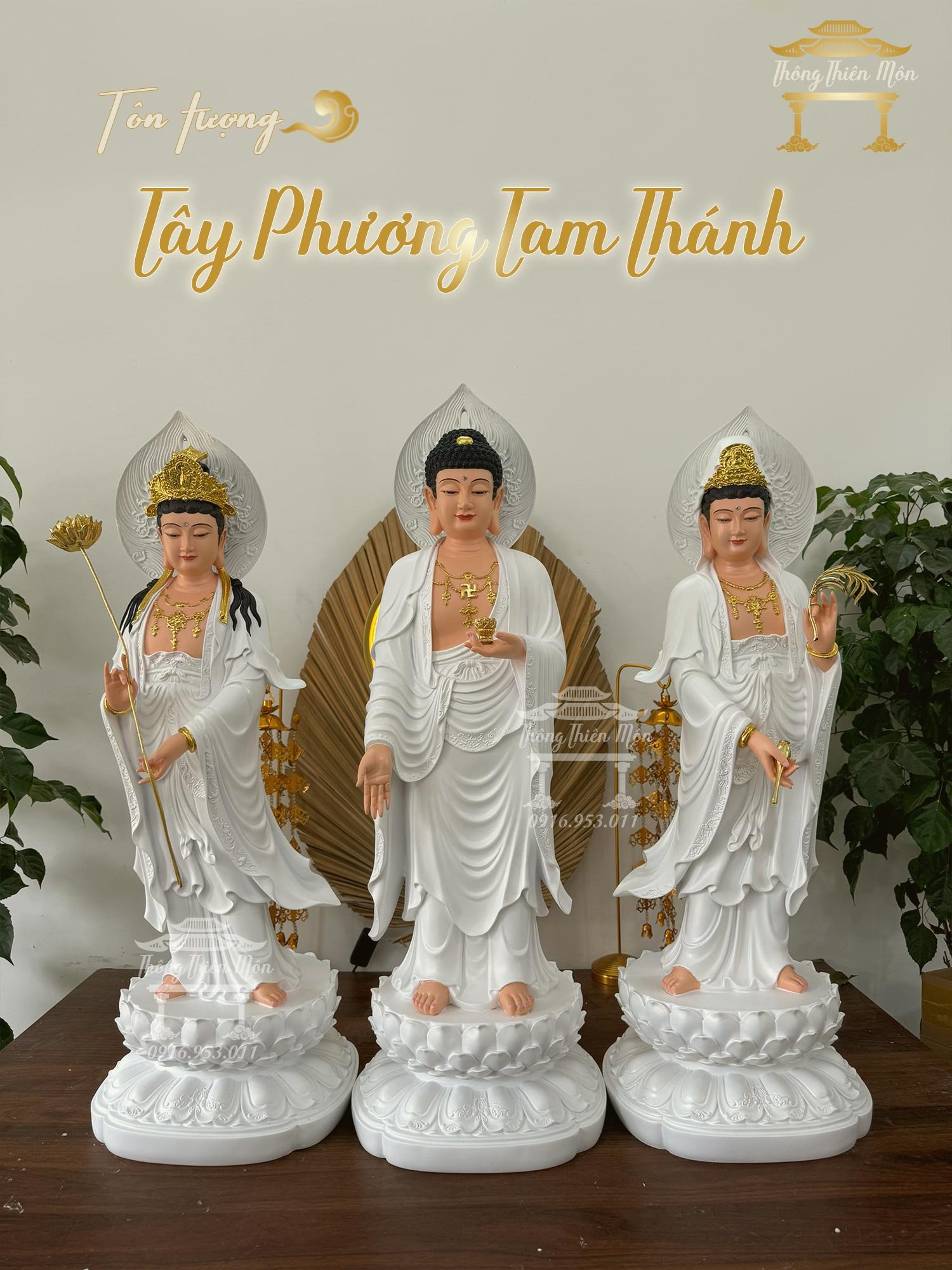 Tôn tượng Tây Phương Tam Thánh - Kích thước 70cm - Màu trắng truyền thống