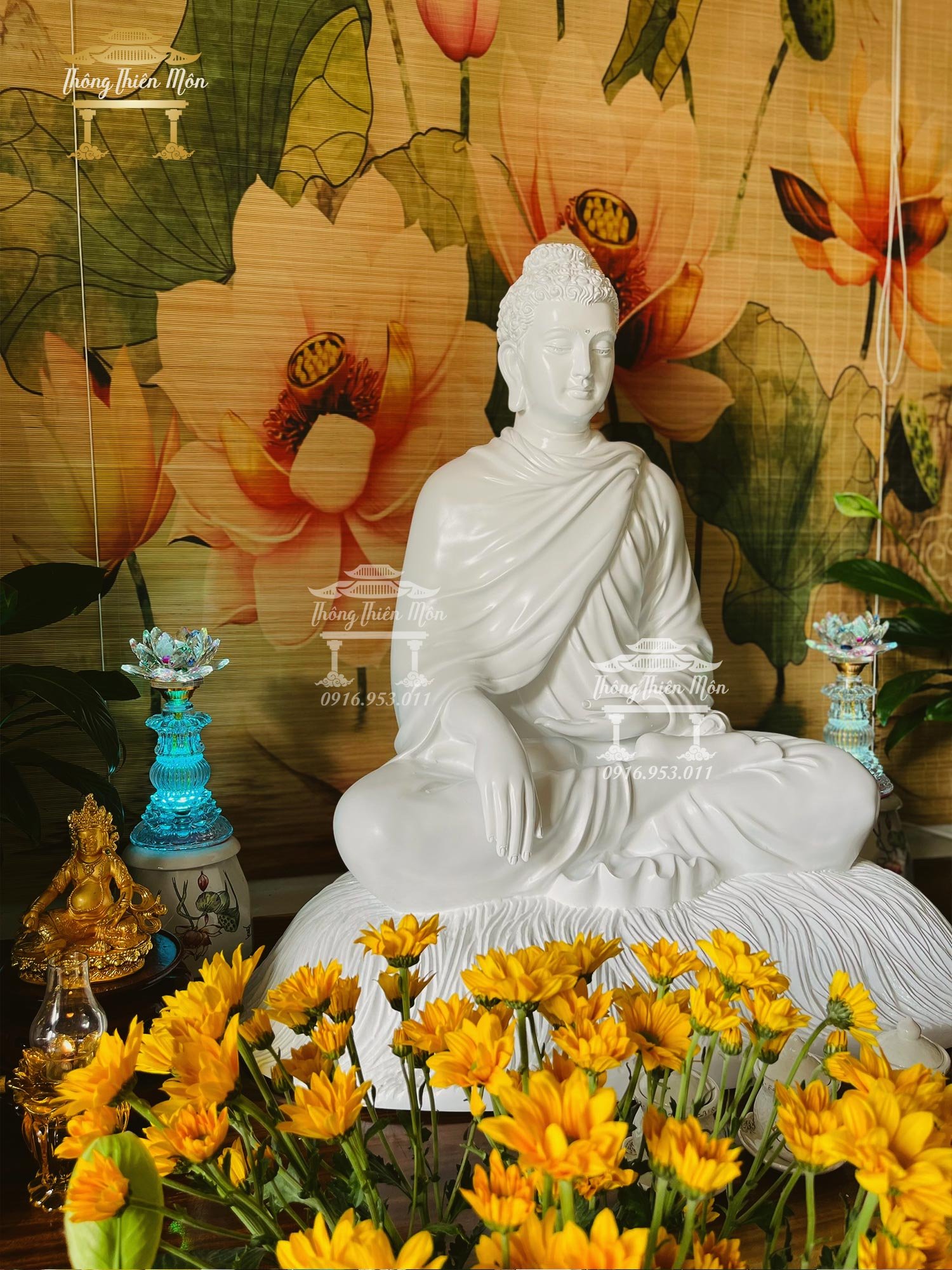 Tôn tượng Bổn Sư Ấn Địa Xúc - Kích thước 85cm - Màu trắng Ngọc Trai