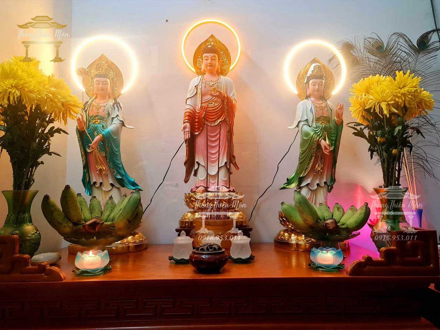 Tôn tượng Tây Phương Tam Thánh - Kích thước 70cm - Sơn phối màu, kết hợp mạ vàng