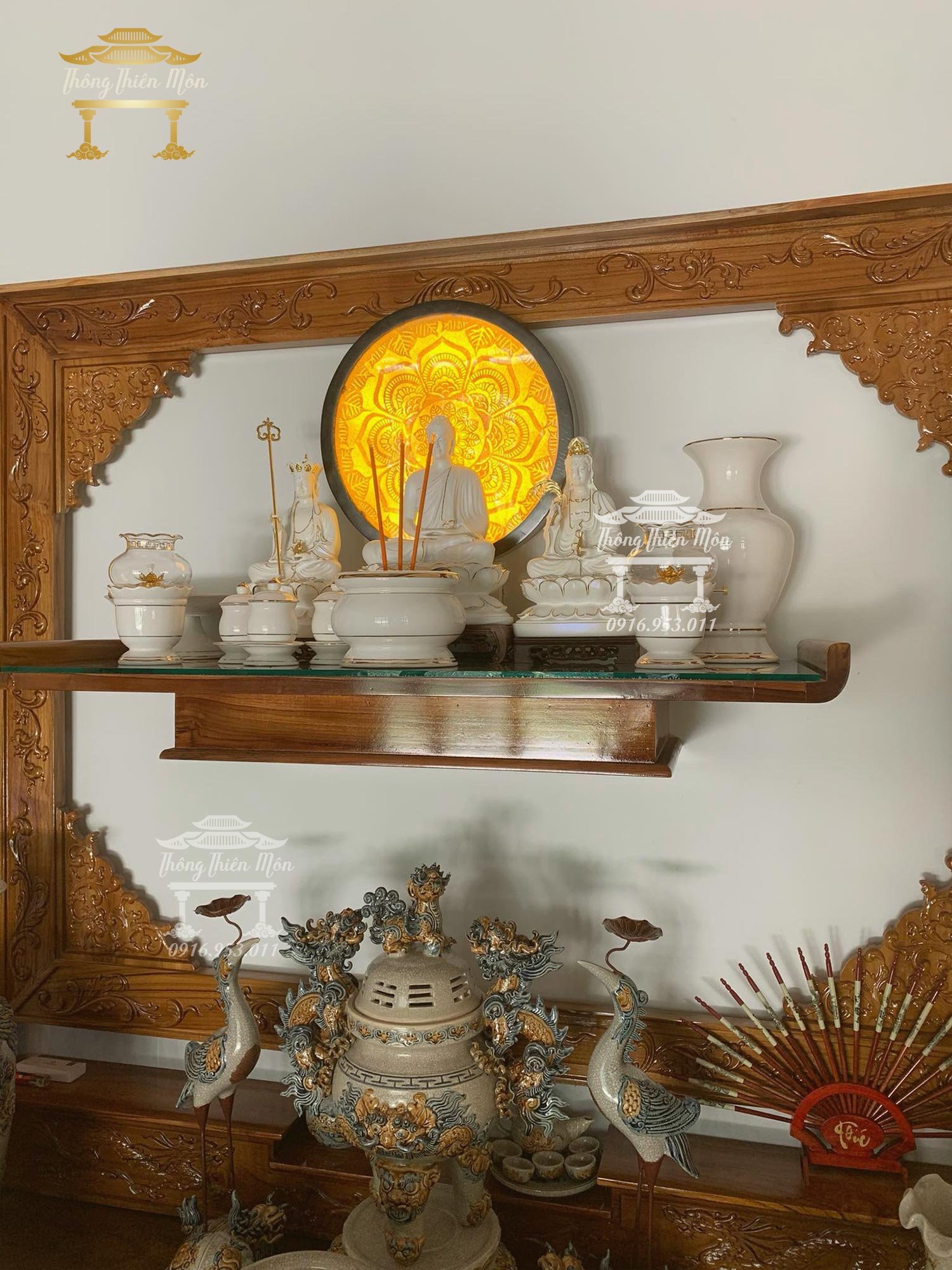 Tôn tượng Ta Bà Tam Thánh - Kích thước 30cm - Sơn trắng, viền vàng