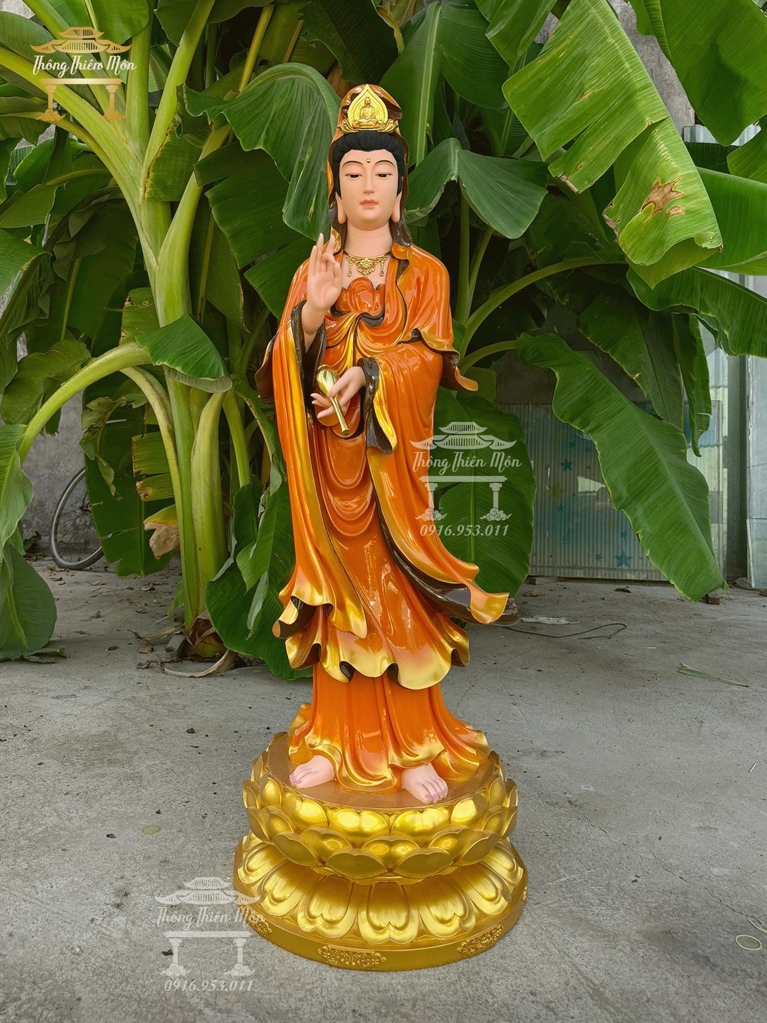 Tượng Quan Âm Bồ Tát, Cao 120cm, Sơn khoáng cam
