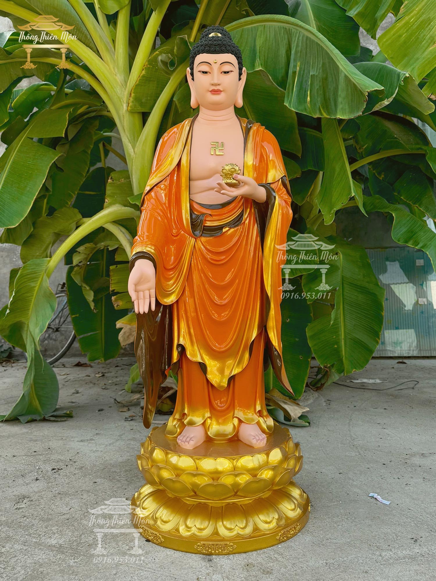 Tượng A Di Đà, Cao 120cm, Sơn khoáng cam