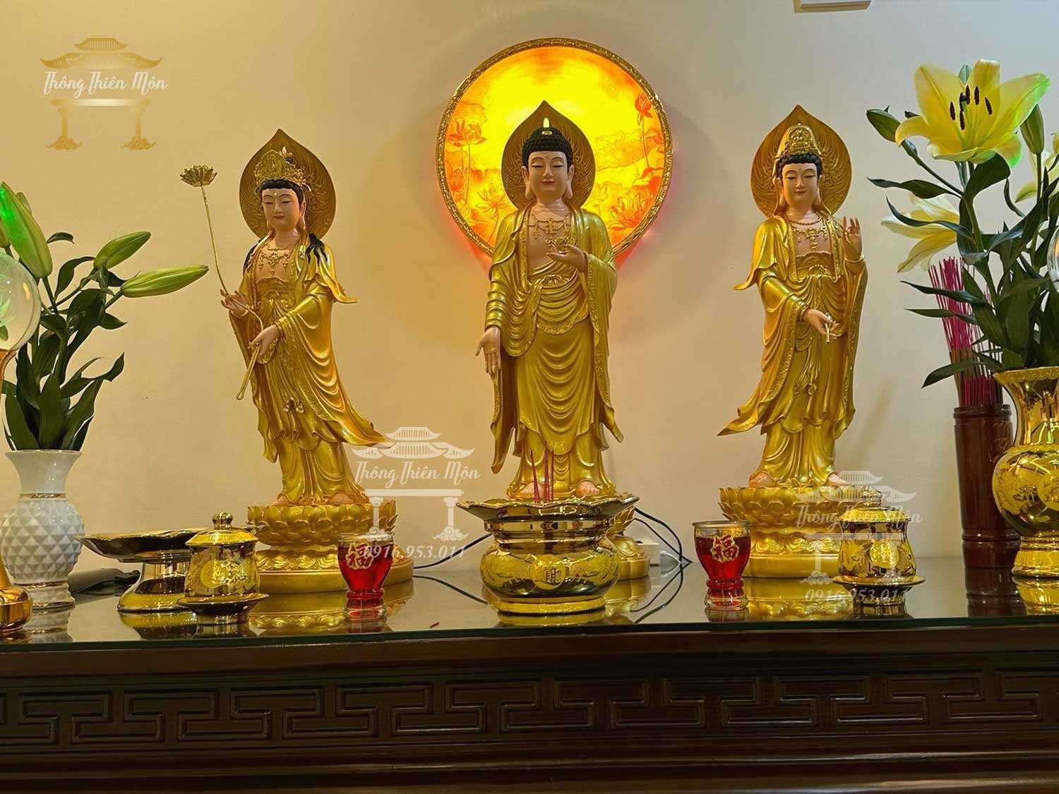Tượng Tây Phương Tam Thánh, kích thước 70cm, màu vàng nhũ