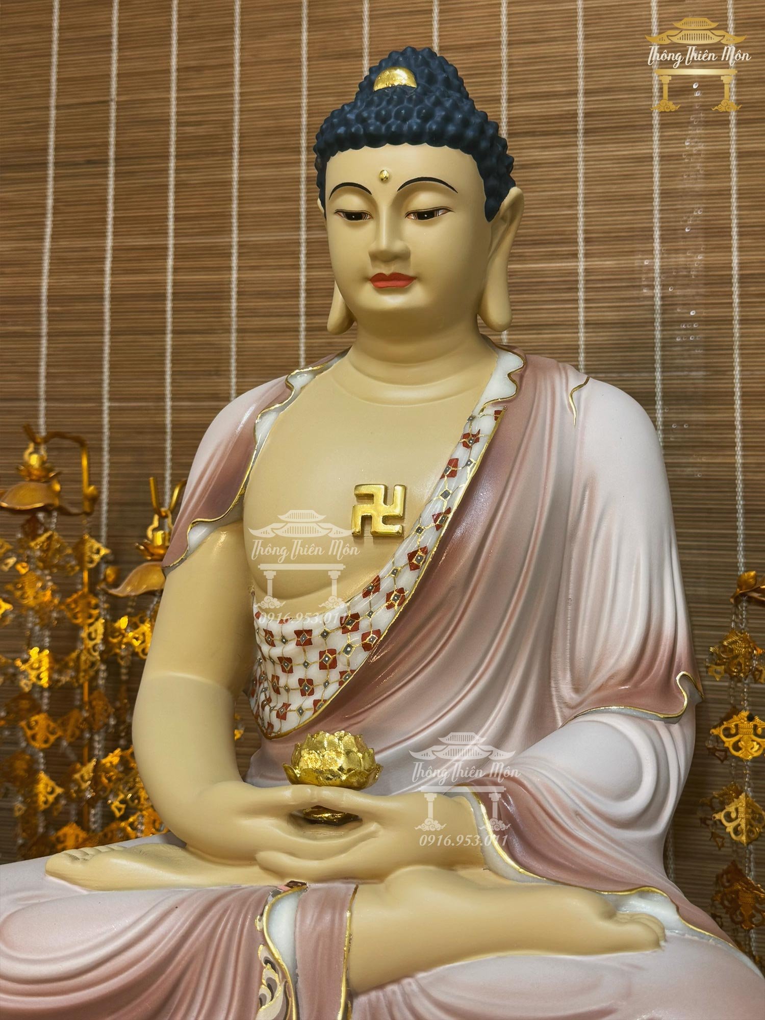 Tượng Phật A Di Đà - 60cm - Đá Thạch Anh Đài Loan cao cấp, viền vàng, vẽ gấm thủ công