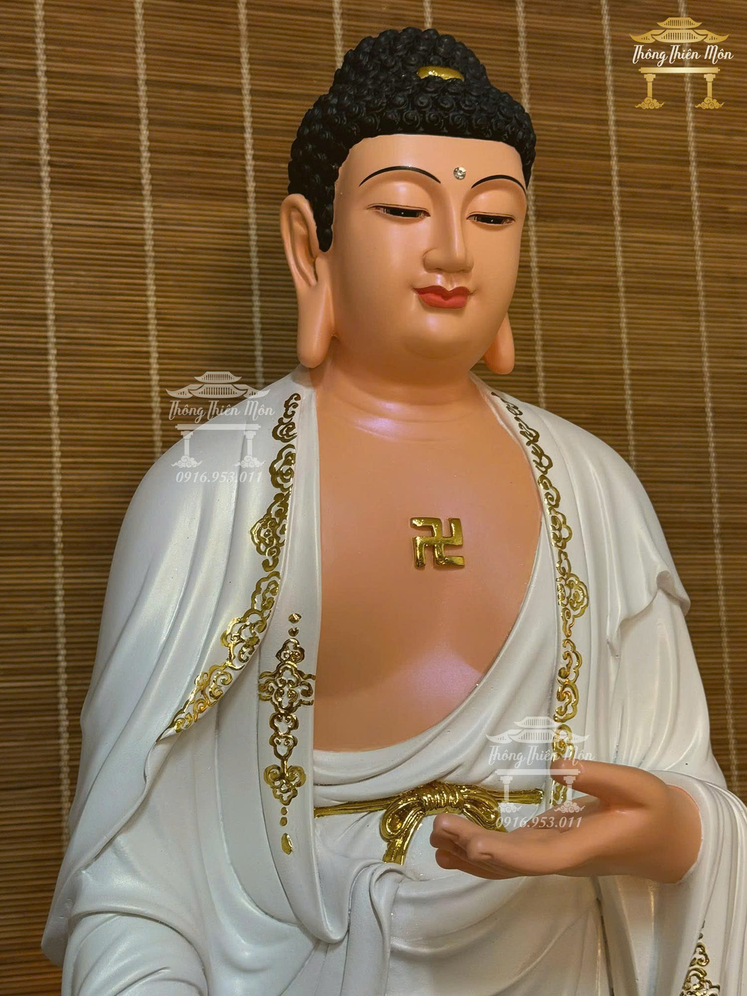 Tôn tượng A Di Đà mạ vàng, Màu trắng, Chi tiết mạ vàng, Kích thước 90cm