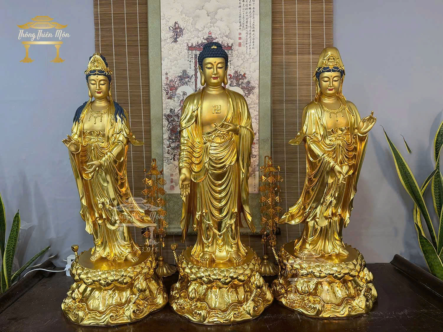 Tôn tượng Tây Phương Tam Thánh, Mạ Vàng, Da đồng, Kích thước 90cm