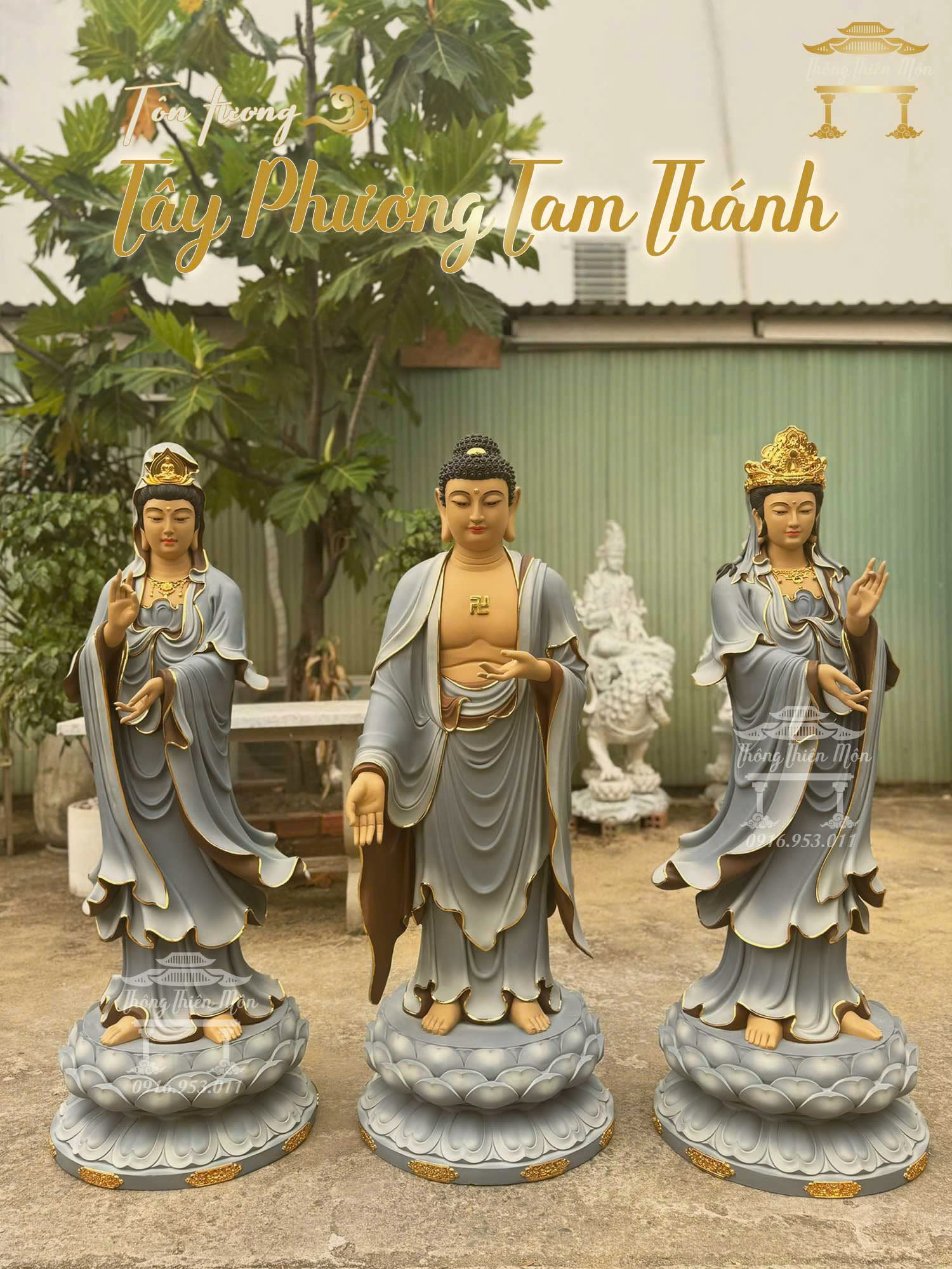 Tôn tượng Tây Phương Tam Thánh, Kích thước 120cm, Xám xanh viền vàng