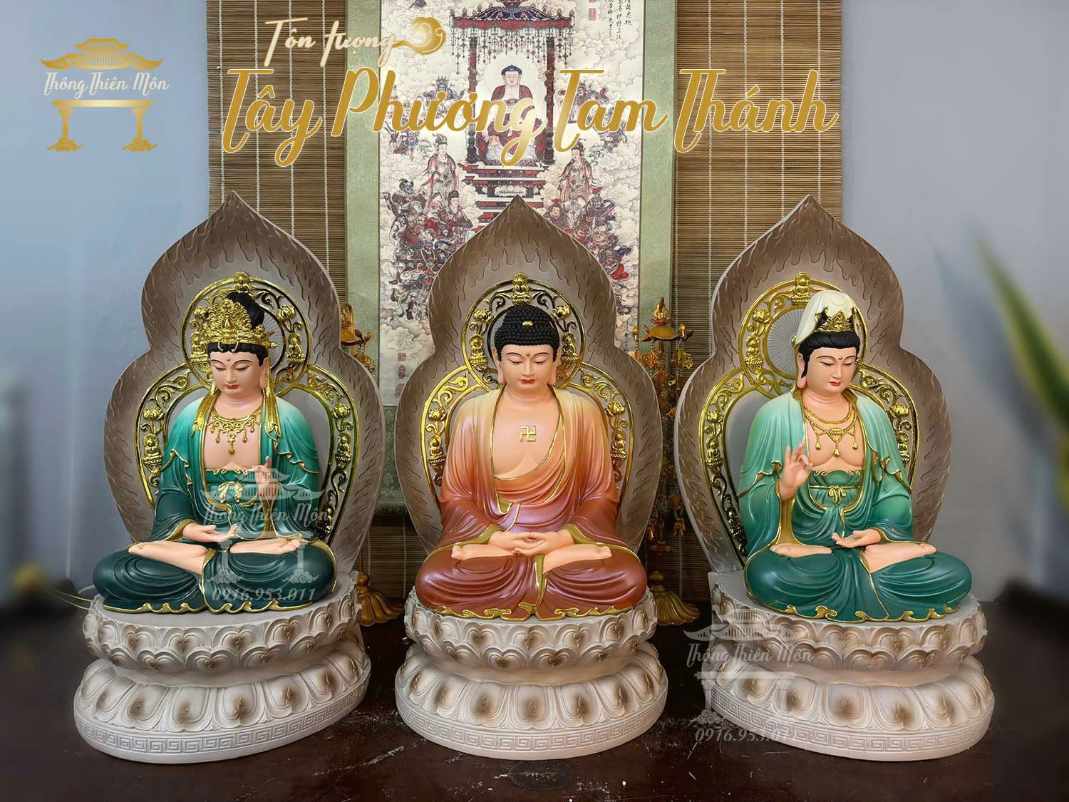 Tôn tượng Tây Phương Tam Thánh Ngồi, Kích thước 60cm, Phối màu