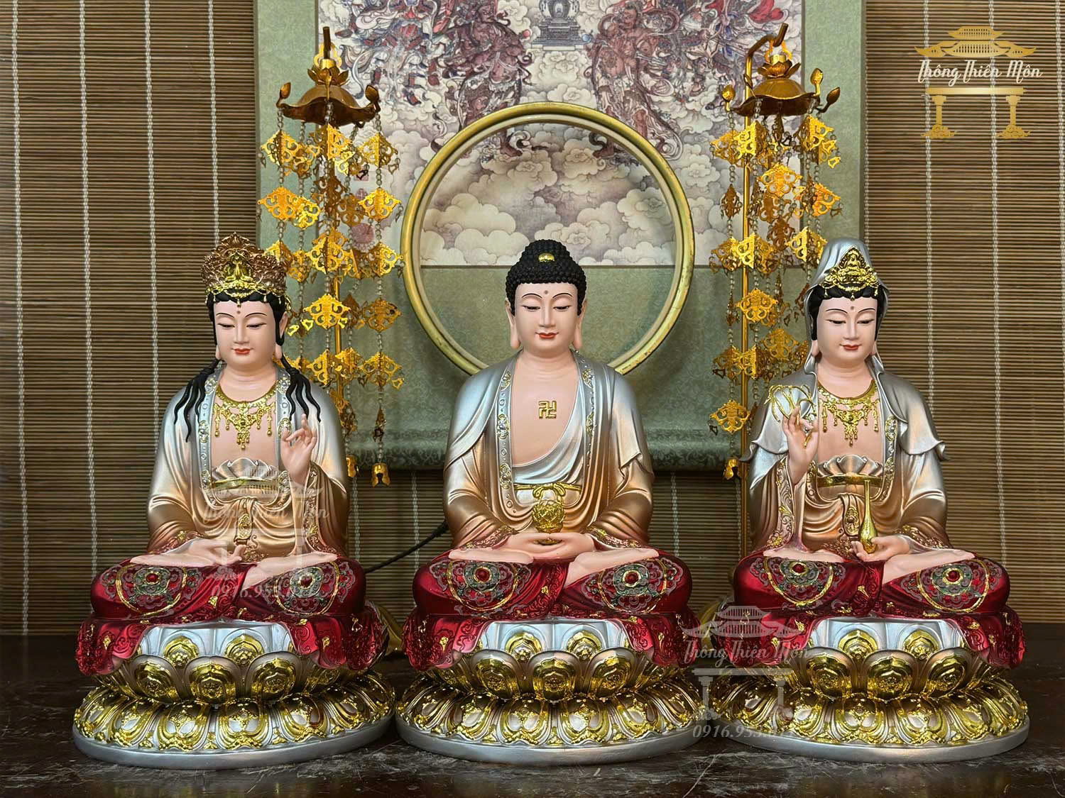 Tôn tượng Tây Phương Tam Thánh Ngồi, Kích thước 30cm, Phối đỏ