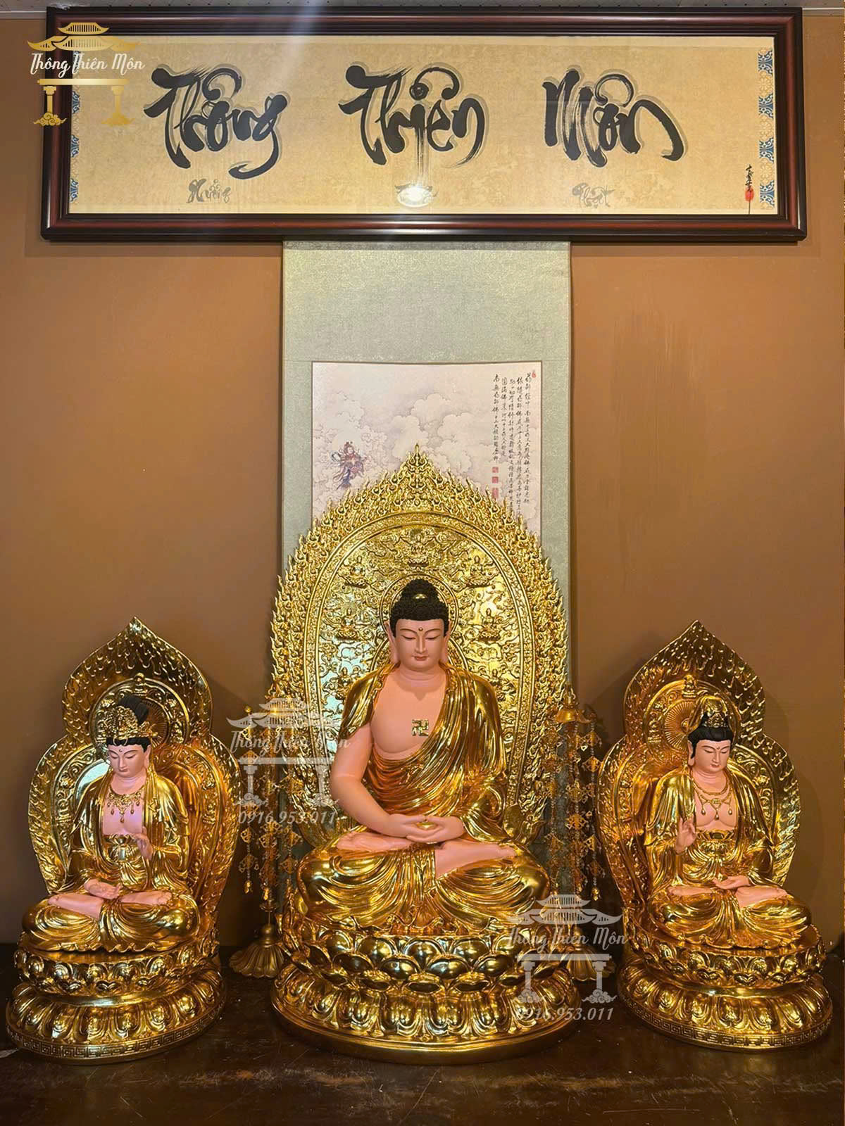 Tôn tượng Tây Phương Tam Thánh, Kích thước 60cm-90cm-60cm, Mạ vàng