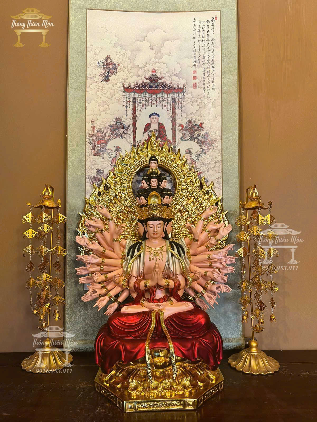 Tôn tượng Thiên Thủ Thiên Nhãn, Kích thước 60cm, Phối đỏ