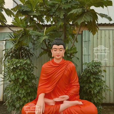 Kim thân Tôn tượng Bổn Sư Ấn Địa Xúc, Kích thước 100cm, Màu cam đỏ