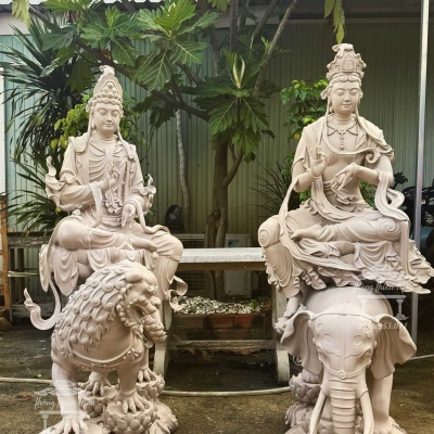 Tượng Văn Thù - Phổ Hiền Bồ Tát, 1 màu xám sữa, Kích thước 140cm