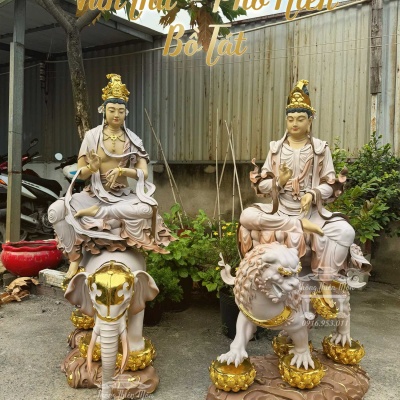 Tượng Văn Thù - Phổ Hiền Bồ Tát, Màu khoáng, Kích thước 140cm