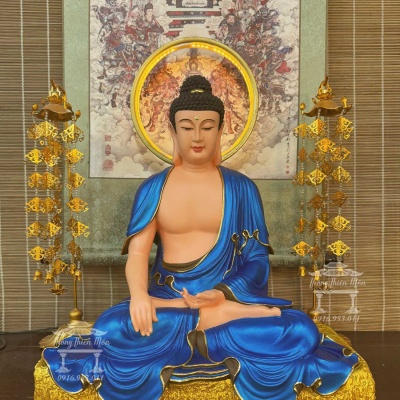 Tôn tượng Dược Sư Lưu Ly ngồi đá, Màu xanh dương, Kích thước 45cm