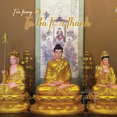 Tôn tượng Ta Bà Tam Thánh, Kích thước 45cm-50cm-45cm, Nhũ vàng