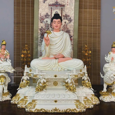 Tôn tượng Hoa Nghiêm Tam Thánh, Trắng viền vàng, Kích thước 50-75-50cm