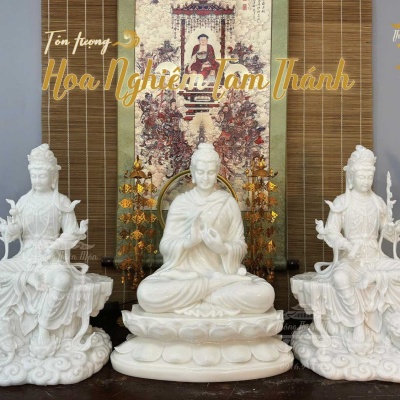 Tôn tượng Hoa Nghiêm Tam Thánh, Kích thước 48 - 50 - 48cm, Chất liệu Bột Bạch Ngọc