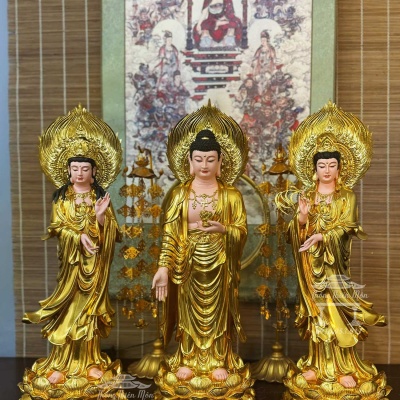 Tôn tượng Tây Phương Tam Thánh mạ vàng, Kích thước 50cm, Có lá đề