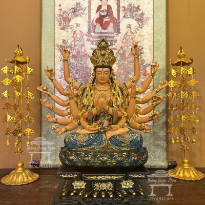 Tôn tượng Chuẩn Đề, Kích thước 50cm, Màu khoáng, Vẽ gấm thủ công