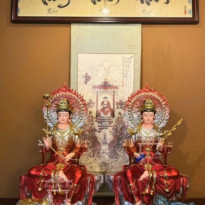 Tôn tượng Văn Thù - Phổ Hiền ngồi đá, Kích thước 73cm, Phối màu đỏ kèm thân quang