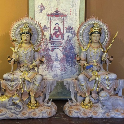 Tôn tượng Văn Thù - Phổ Hiền ngồi đá, Kích thước 73cm, Phối màu trầm ấm