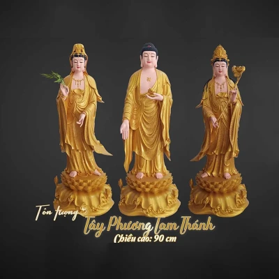 Tôn tượng Tây Phương Tam Thánh - Cao 90cm - Màu vàng nhũ