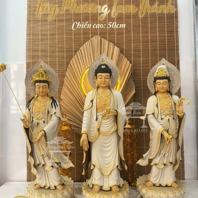 Tôn tượng Tây Phương Tam Thánh - Cao 70cm - Màu xám - Viền vàng
