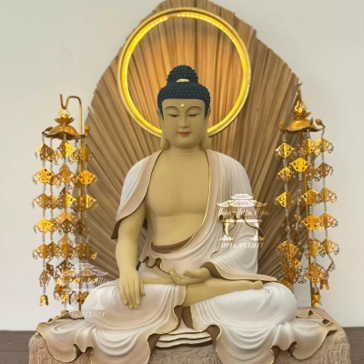 Tôn tượng Dược Sư Lưu Ly, Kích thước 45cm, Sơn khoáng phối màu viền vàng