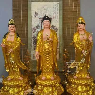 Tôn tượng Tây Phương Tam Thánh, Kích thước 90cm, Sơn màu nhũ vàng