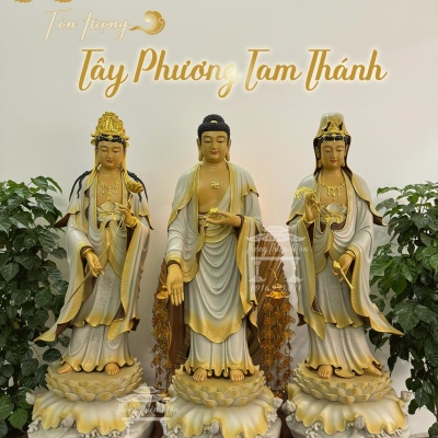 Tôn tượng Tây Phương Tam Thánh - Kích thước 90cm - Màu xám độc quyền - Đường viền mạ vàng