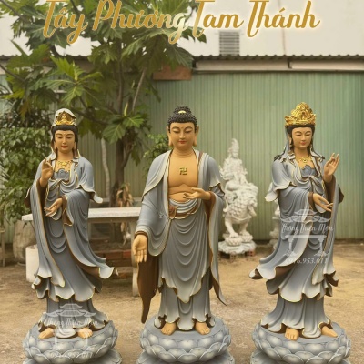 Tôn tượng Tây Phương Tam Thánh, Kích thước 120cm, Xám xanh viền vàng