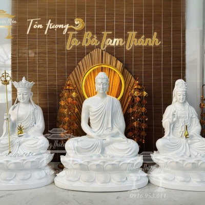 Tôn tượng Ta Bà Tam Thánh, Kích thước 45 - 50 - 45cm, Màu trắng toàn bộ