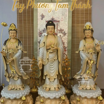 Tôn tượng Tây Phương Tam Thánh, Sơn xám tà vàng, Kích thước 90cm 