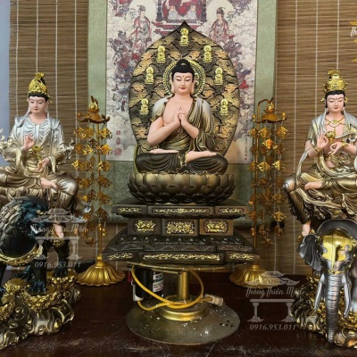 Tôn tượng Hoa Ngiêm Tam Thánh, Kích thước 50cm, Phối màu nâu