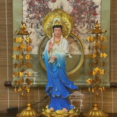 Tượng Quan Âm Bồ Tát, Kích thước 50cm, Màu xanh, Có lá đề