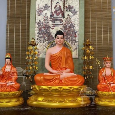 Tôn tượng Ta Bà Tam Thánh, Kích thước 30 - 50 - 30cm, Y cam, đế sen vàng nhũ