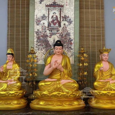 Tôn tượng Ta Bà Tam Thánh, Kích thước 45 - 50 - 45cm, Màu nhũ vàng